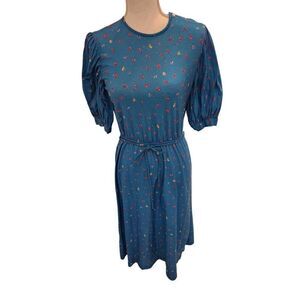 Vintage 70's Oops California Blue Floral Pleated Puff Sleeve Midi Dress M